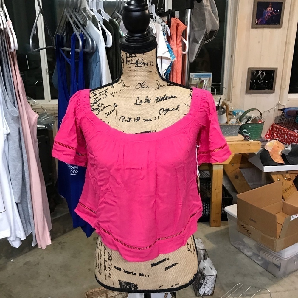Hot pink cropped cold shoulder top